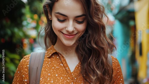 A young woman with curly hair smiles while texting on her phone while walking down the street, a danger from distraction and inattention