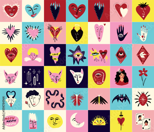 Greeting cards with magical cute elements for Valentine's Day