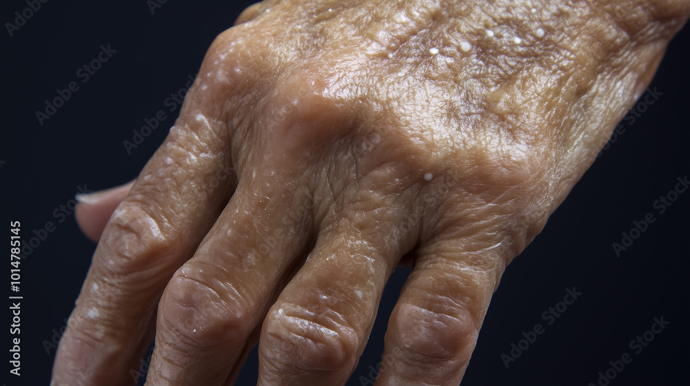 Detailed Close-Up of Granuloma Annulare on Hand Highlighting Ring-Shaped Lesions with Raised Texture and Skin Surface Detailed Close-Up of Granuloma Annulare on Hand Highlighting Ring-Shaped Lesions with Raised Texture and Skin Surface