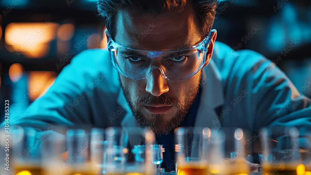 A scientist wearing safety goggles concentrates on chemical experiments in a laboratory. Representation of science, research and technology. Ideal for topics related to innovation and discovery
