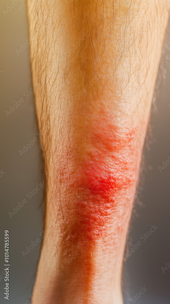 Fototapeta premium Close-Up of Inflamed Erythema Nodosum on Shin, Highlighting Painful Red Bumps Under Skin for Medical Awareness