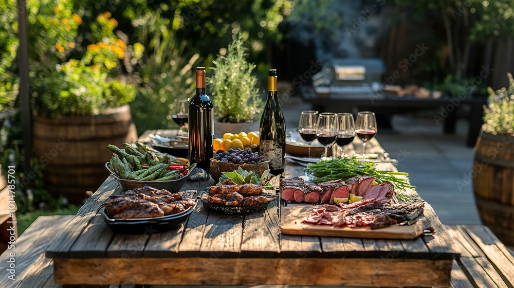 Backyard BBQ Dinner Table with Grilled Meat and Wine Backyard BBQ Dinner Table with Grilled Meat and Wine