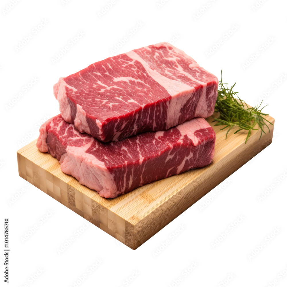 Fresh Cut Ribeye Steaks on a Wooden Cutting Board Display. Fresh Cut Ribeye Steaks on a Wooden Cutting Board Display.