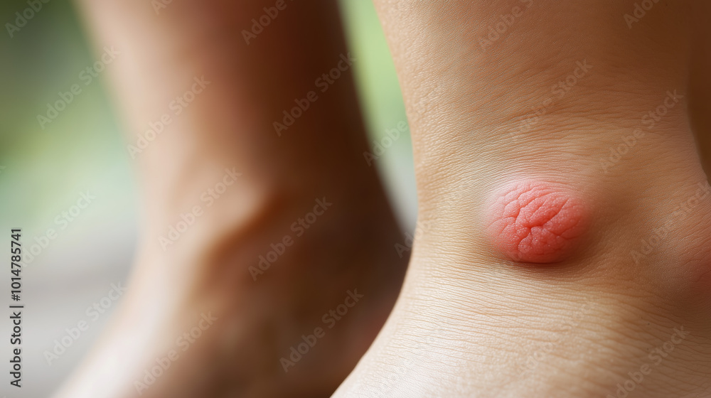Fototapeta premium Close-Up of Erythema Nodosum on Shin, Showcasing Painful Red Lumps Under Skin for Medical and Educational Use