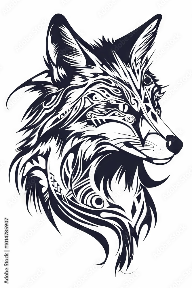 Fox head silhouette with intricate tribal designs. Fox head silhouette with intricate tribal designs.