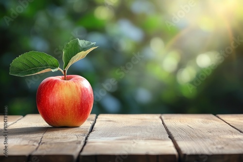 Apple tree background, wooden table top on super blurred background. used for display or wooden montage as your dining background. banners, boards, podiums - generative ai