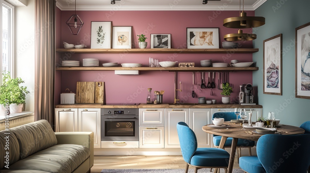 Elegant flat with pearl kitchen cabinets, wooden art shelves, fuchsia walls, bronze lighting, olive sofa, and sky blue dining chairs Elegant flat with pearl kitchen cabinets, wooden art shelves, fuchsia walls, bronze lighting, olive sofa, and sky blue dining chairs