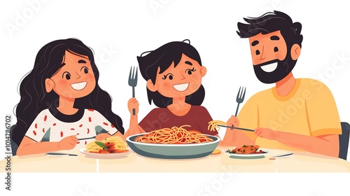 Cheerful family enjoying a spaghetti dinner together, sharing smiles and bonding over a meal. 
