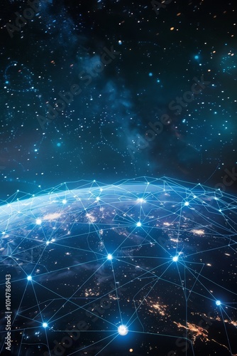 A futuristic depiction of global network connections with digital nodes and lines over Earth, set against a starry space background.