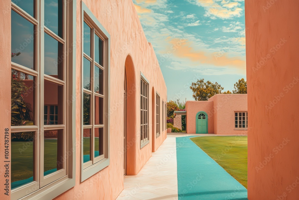 Elegant house with taupe window frames, a cerulean terrace, and rose walls The path is ivory, leading to a pistachio door, with a sky blue lawn under an amber sky Elegant house with taupe window frames, a cerulean terrace, and rose walls The path is ivory, leading to a pistachio door, with a sky blue lawn under an amber sky