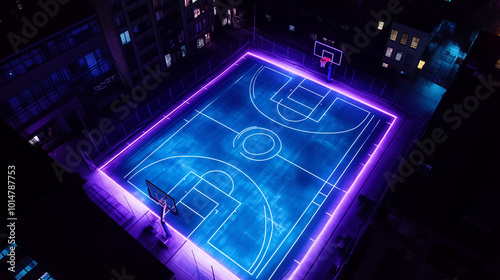 A dramatic, glowing basketball court seen from above at night. v2