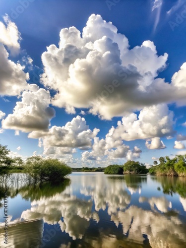 Majestic clouds are beautifully reflected in a calm lake.