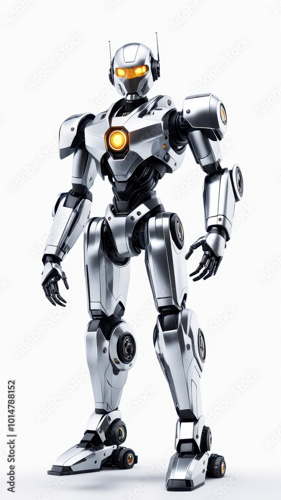 A futuristic silver robot with an orange core, designed for advanced technology applications. A futuristic silver robot with an orange core, designed for advanced technology applications.
