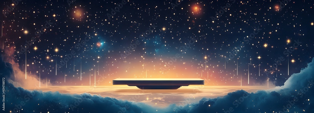 4. A surreal illustration of an altar-like podium floating in the vastness of outer space, with a dusky sky filled with stars and cosmic elements, inviting viewers into a realm of luxury and 4. A surreal illustration of an altar-like podium floating in the vastness of outer space, with a dusky sky filled with stars and cosmic elements, inviting viewers into a realm of luxury and