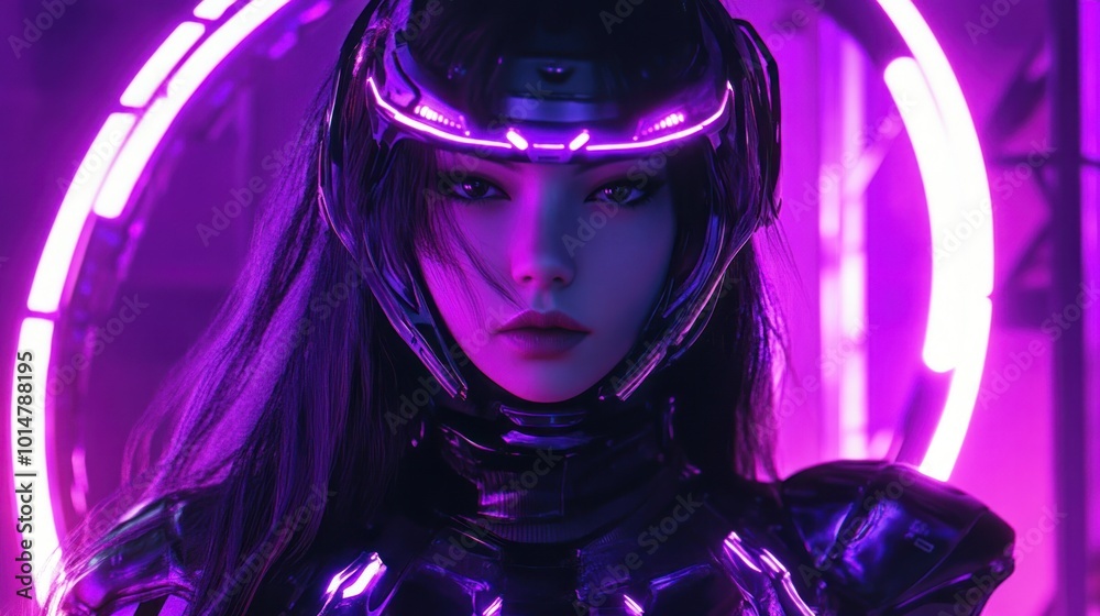 A futuristic female character with neon accents in a sci-fi setting. A futuristic female character with neon accents in a sci-fi setting.