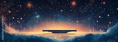 Wallpaper Mural 4. A surreal illustration of an altar-like podium floating in the vastness of outer space, with a dusky sky filled with stars and cosmic elements, inviting viewers into a realm of luxury and Torontodigital.ca