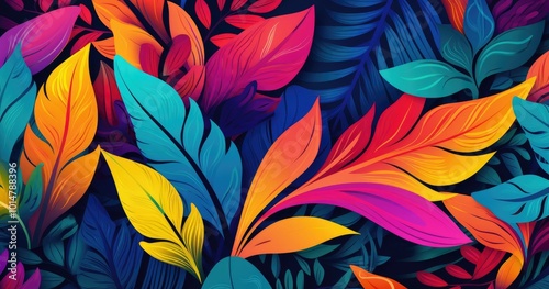 A beautiful vibrant and colorful pattern featuring bold, abstract shapes in various shades of green, orange, pink, blue, yellow, white and purple, and black, reminiscent of tropical flowers like