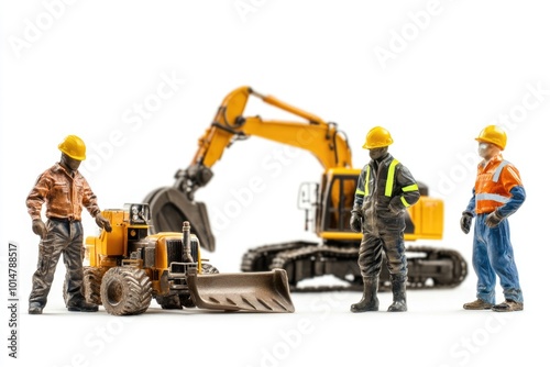 Workers stand next to a heavy-duty machine on a job site