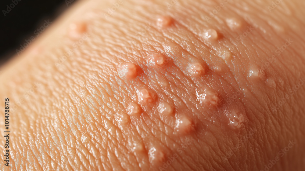 Fototapeta premium Detailed Macro Close-Up of Scabies on Wrist Showing Burrow Marks and Tiny Red Bumps for Medical Illustration
