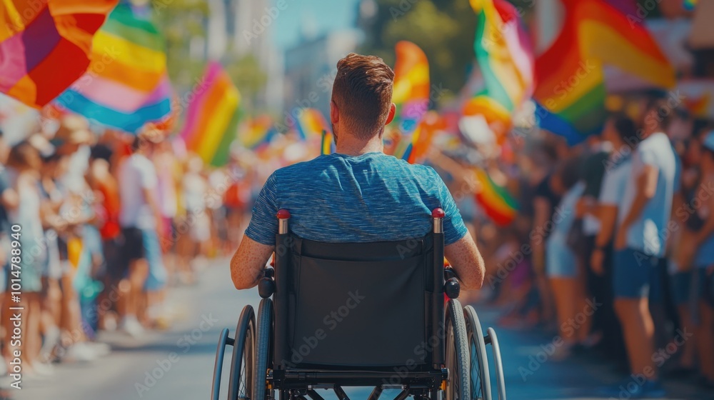 Obraz premium A person in a wheelchair speaking to a group of people, possibly at a public event or presentation