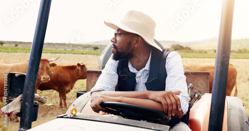 Cuadro en lienzo Agriculture, farm and idea with black man on tractor outdoor in field for organic sustainability