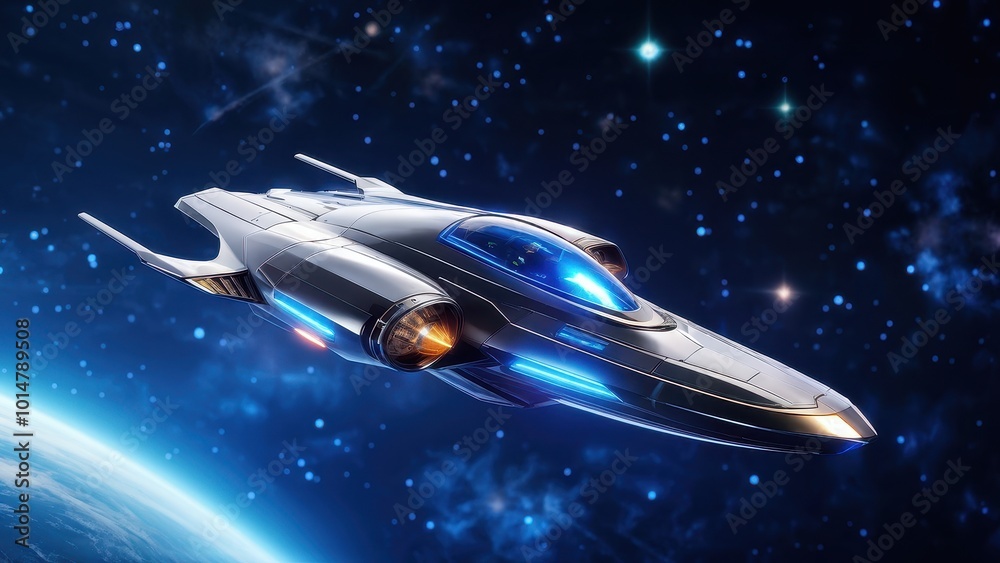 A futuristic spaceship gliding through a starry space backdrop above a planet. A futuristic spaceship gliding through a starry space backdrop above a planet.
