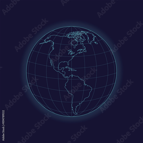 World globe hologram. America futuristic globe map isolated on white background. Cyberpunk sphere. Earth globe icon. Vector illustration.