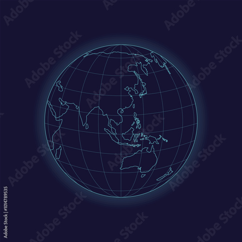 World globe hologram. Asia futuristic globe map isolated on white background. Cyberpunk sphere. Earth globe icon. Vector illustration.