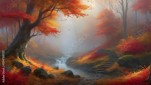 an autumn forest is a misty