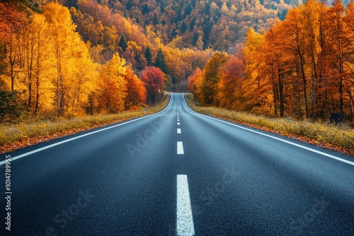 Black asphalt road landscape at sunset in beautiful colorful nature. Highway scenery among mountains in autumn season. Nature landscape on beautiful road in colorful fall - generative ai