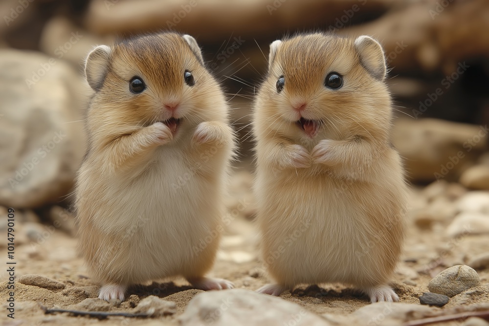 Two baby hamsters are standing next to each other on a rocky surface. They are both looking at the camera and appear to be happy. Hamster Kombat