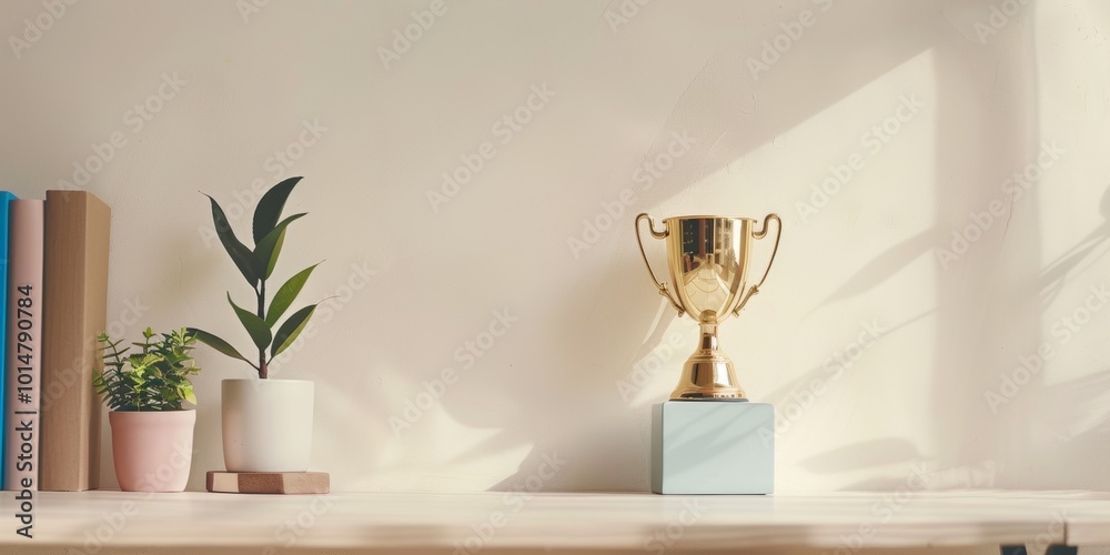 Minimalist success concept: clean desk with a single gold trophy. Minimalist success concept: clean desk with a single gold trophy.