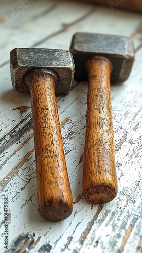 Center punch and a brick hammer positioned side by side on a smooth white surface highlighting their sharp rugged design for masonry work photo