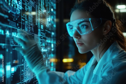 Woman in a lab coat and goggles works on a computer screen, focused on her task