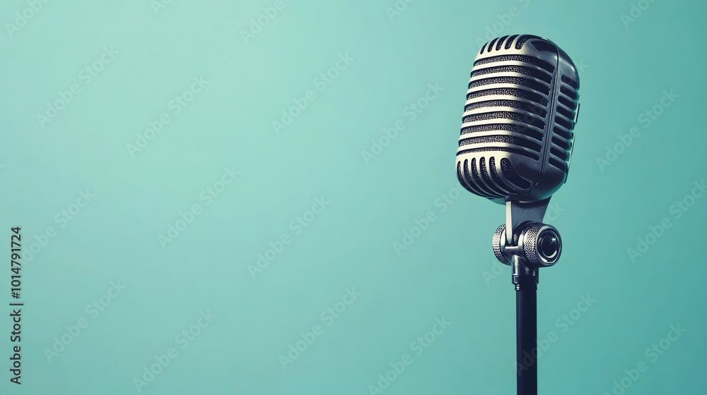 Fototapeta premium A vintage microphone on a stand against a turquoise background.