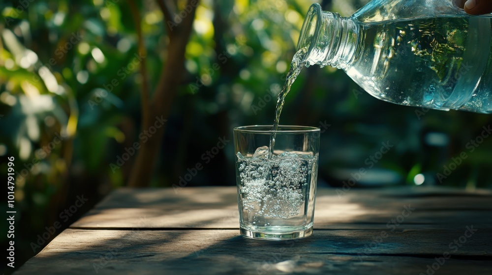 A jug of water pouring into a glass on a rustic wooden table with a green, natural backdrop, promoting hydration and celebrating World Water Day. A jug of water pouring into a glass on a rustic wooden table with a green, natural backdrop, promoting hydration and celebrating World Water Day.
