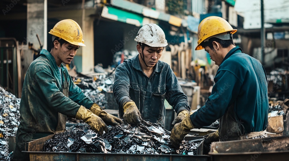 Team of workers in helmets and gloves looking at scrap metal and E-waste.