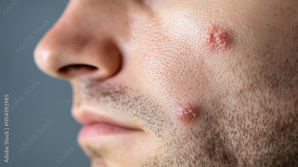 Realistic Close-Up Image of Acne-Affected Human Skin with Prominent Red Pimples, Blackheads, Rough Texture, and Visible Pores Illuminated Dramatically Realistic Close-Up Image of Acne-Affected Human Skin with Prominent Red Pimples, Blackheads, Rough Texture, and Visible Pores Illuminated Dramatically