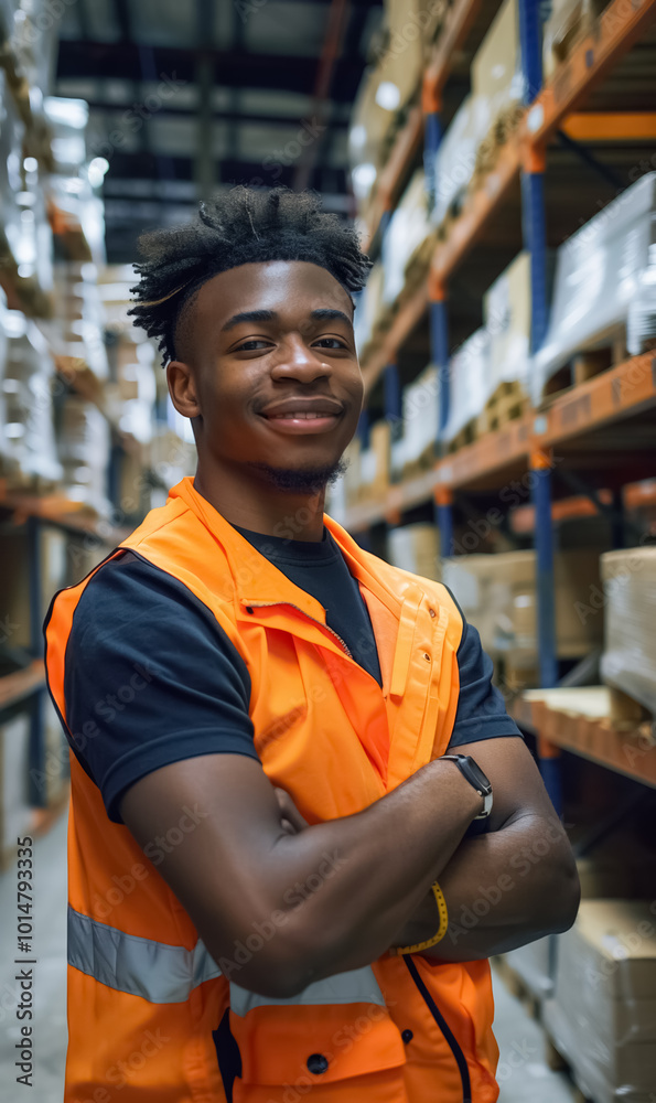 Fototapeta premium smiling worker in orange vest stands confidently in a warehouse, man working by organized shelves, efficient inventory management and teamwork concept