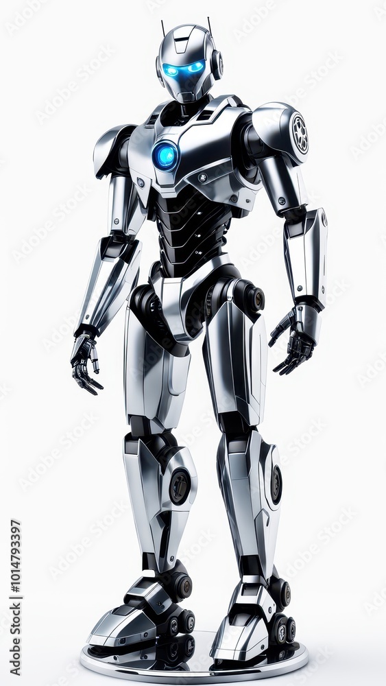 A futuristic humanoid robot with a sleek, metallic design and glowing blue features. A futuristic humanoid robot with a sleek, metallic design and glowing blue features.