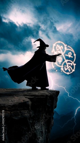 Mystical silhouette of a wizard standing on a cliff, casting a spell with glowing magic symbols under a stormy sky and lightning