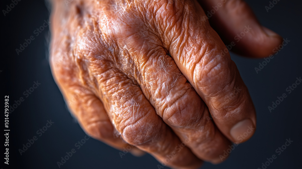 Fototapeta premium Macro Image of a Hand Exhibiting Psoriasis with Thick Red Patches and Silver Scales, Showcasing Uneven Skin Texture and Clear Plaque Borders in Artistic Lighting