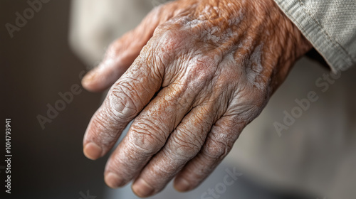 Close-Up View of a Psoriasis-Affected Hand Demonstrating Thick Red Patches with Silvery Scales, Highlighting Uneven Skin Texture and Severe Condition Under Dramatic Lighting photo