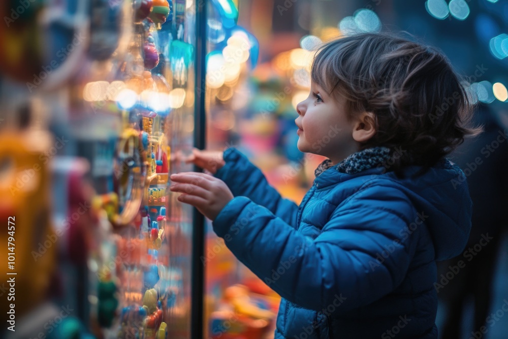 Obraz premium A curious child examines a colorful array of toys and games