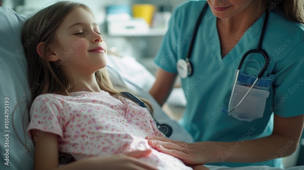 A young girl rests in a hospital bed, surrounded by medical equipment A young girl rests in a hospital bed, surrounded by medical equipment