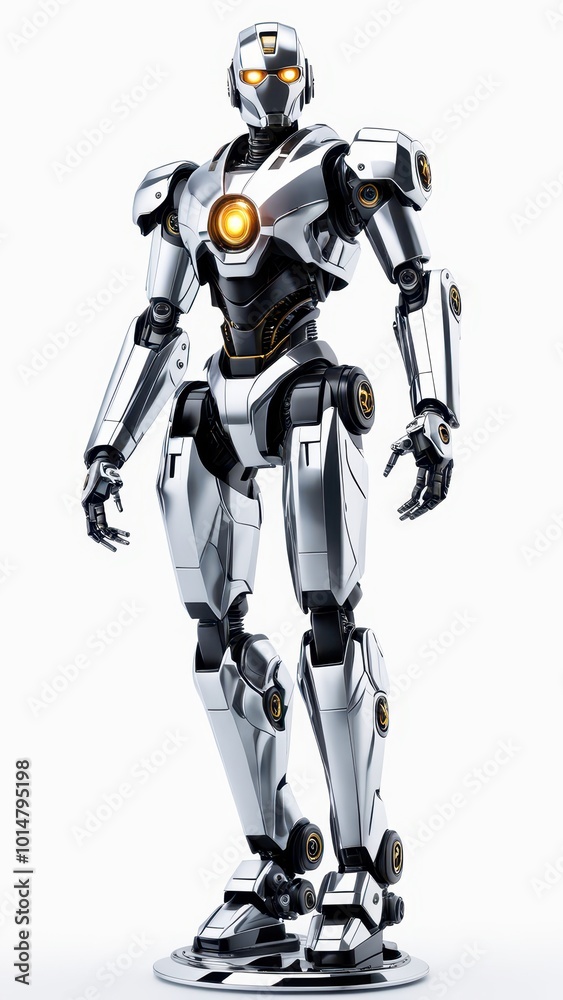 A futuristic humanoid robot with a sleek design and glowing core. A futuristic humanoid robot with a sleek design and glowing core.