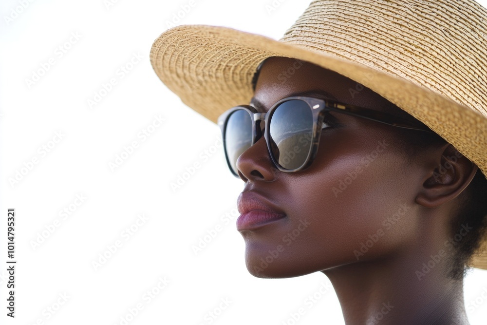 A woman outdoors with a straw hat and sunglasses A woman outdoors with a straw hat and sunglasses