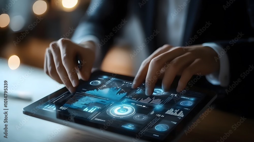Business man or analyst expanding futuristic investment virtual screen over a modern tablet. Showing if charts and infographic for investment analysis. Business man or analyst expanding futuristic investment virtual screen over a modern tablet. Showing if charts and infographic for investment analysis.