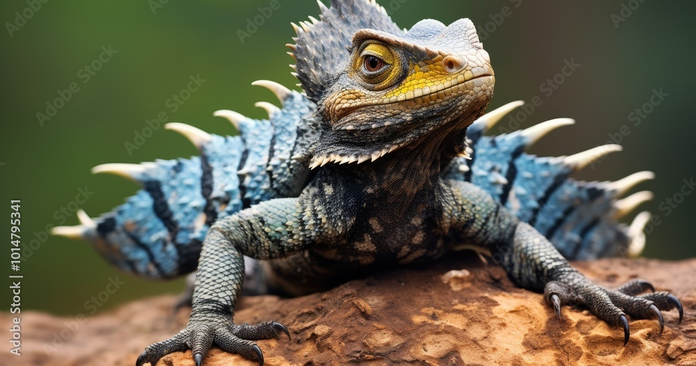 Fototapeta premium A black and white photograph shows an African frilled lizard with scales in patterns of blue, green or yellow, resembling the coloration on some birds' feathers