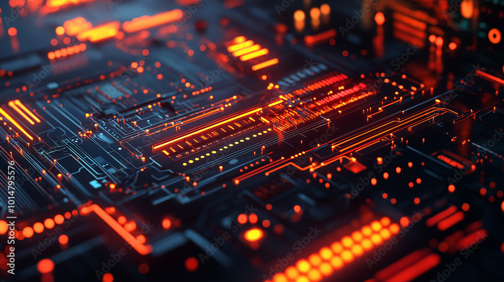 Futuristic Circuit Board with Glowing Orange Elements Futuristic Circuit Board with Glowing Orange Elements